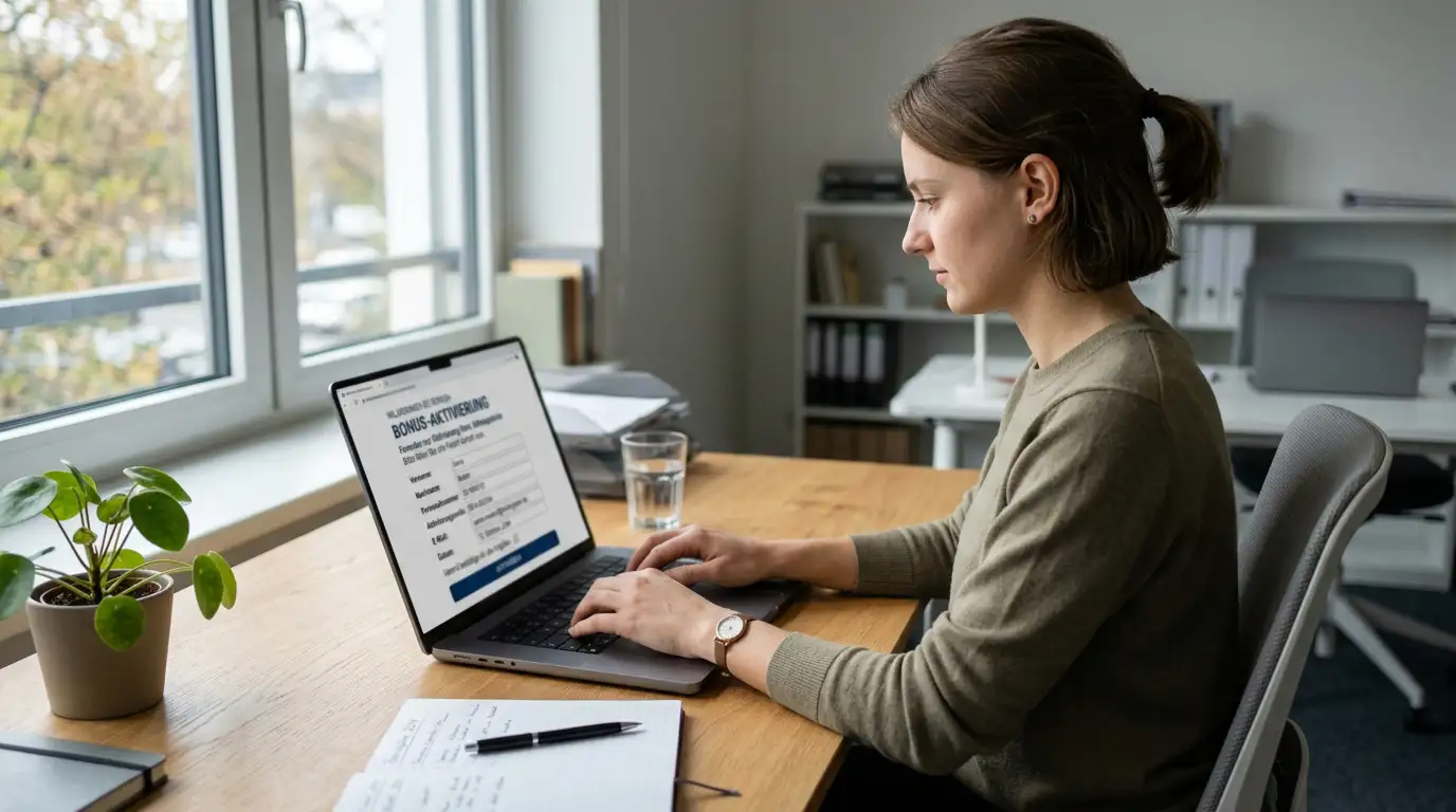 Person am Schreibtisch die ein Bonusformular am Laptop ausfüllt