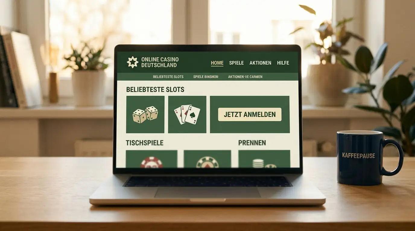 Laptop mit geöffneter Casino-Webseite und einem Becher Kaffee daneben