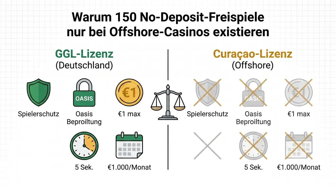 Warum 150 No-Deposit-Freispiele nur bei Offshore-Casinos existieren — GGL vs. Curaçao