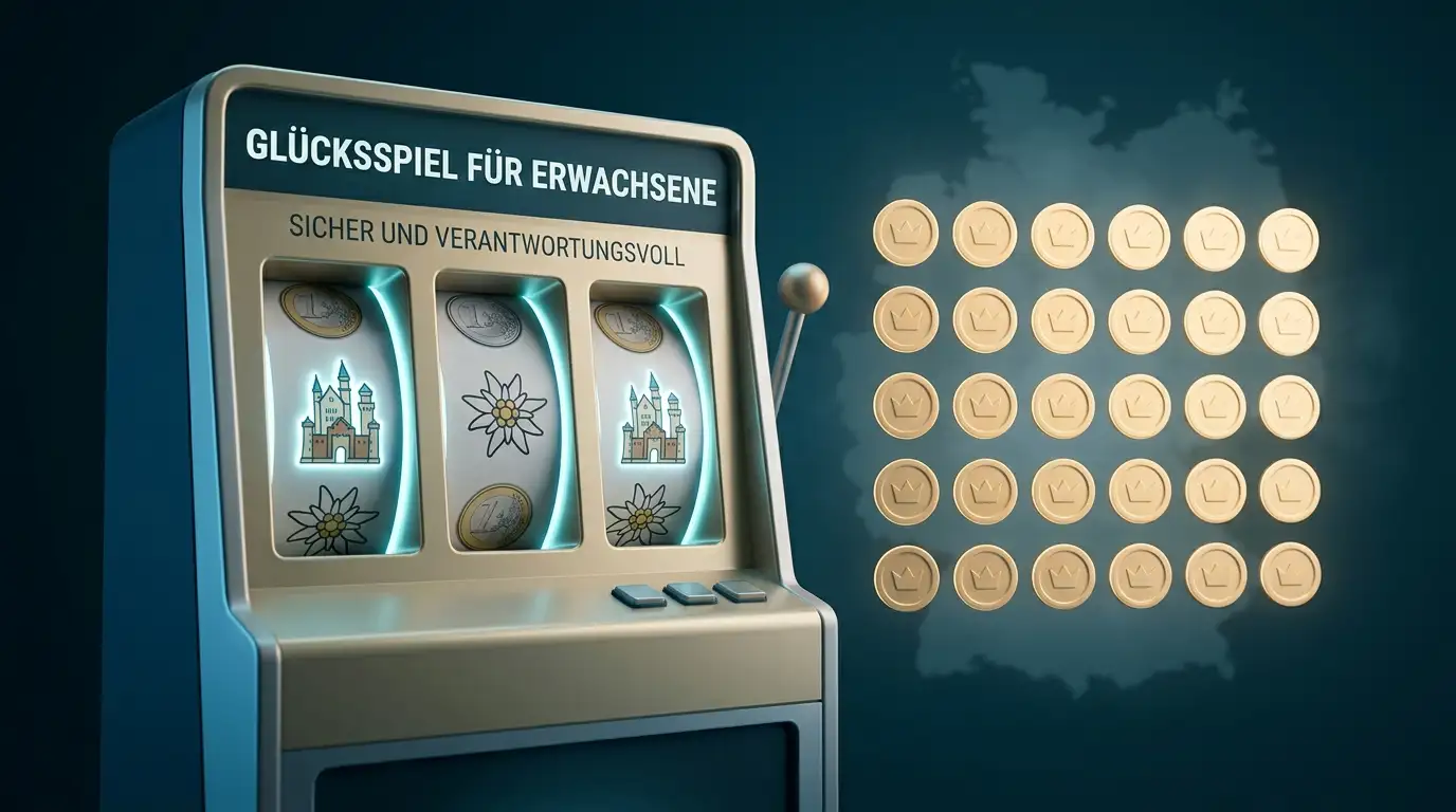 Ein Spielautomat mit dreißig leuchtenden Freispiel-Symbolen vor der Silhouette Deutschlands als Sinnbild für einzahlungsfreie Freispiele im regulierten Markt