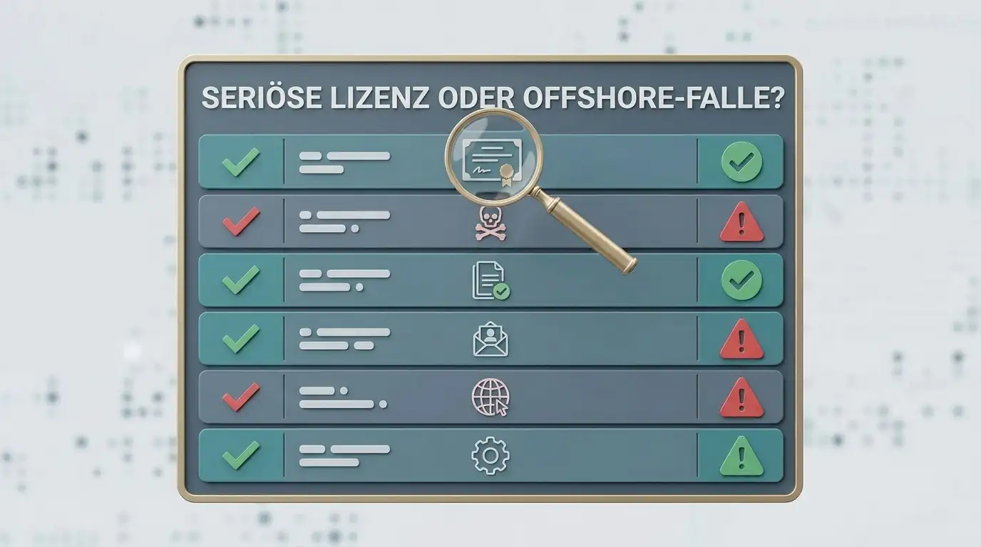 Prüfschema mit sechs Signalen, an denen sich ein lizenziertes Angebot von einer Offshore-Falle unterscheiden lässt