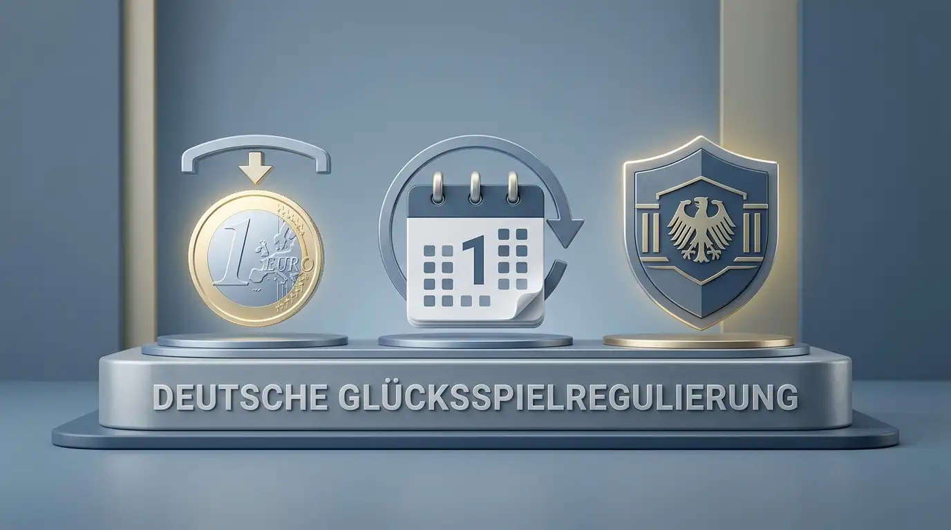 Symbolische Darstellung der deutschen Glücksspielregeln mit Euro-Einsatzdeckel, monatlichem Limit und zentraler Aufsicht