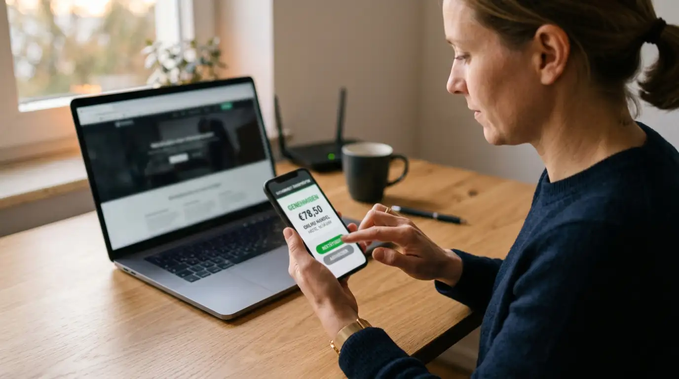 Neutrale Sicherheitsbestätigung auf einem Smartphone neben einem Laptop