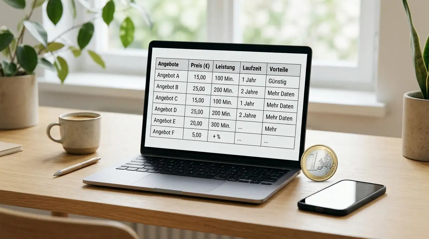 Vergleichstabelle auf Laptop mit Münze und Smartphone — schematische Gegenüberstellung 1 € und 10 €