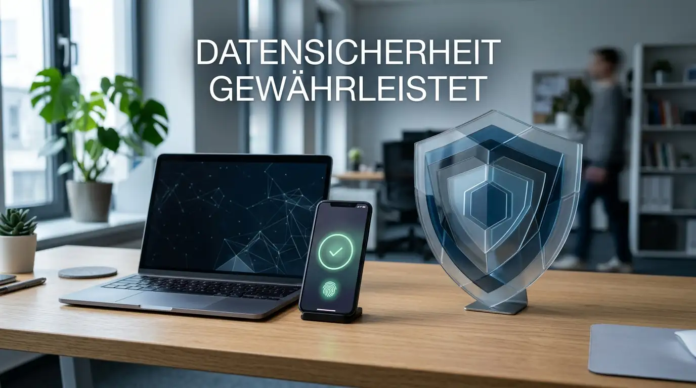 Apple-Gerät mit geschützter Zahlungsfreigabe in einer ruhigen Büroumgebung
