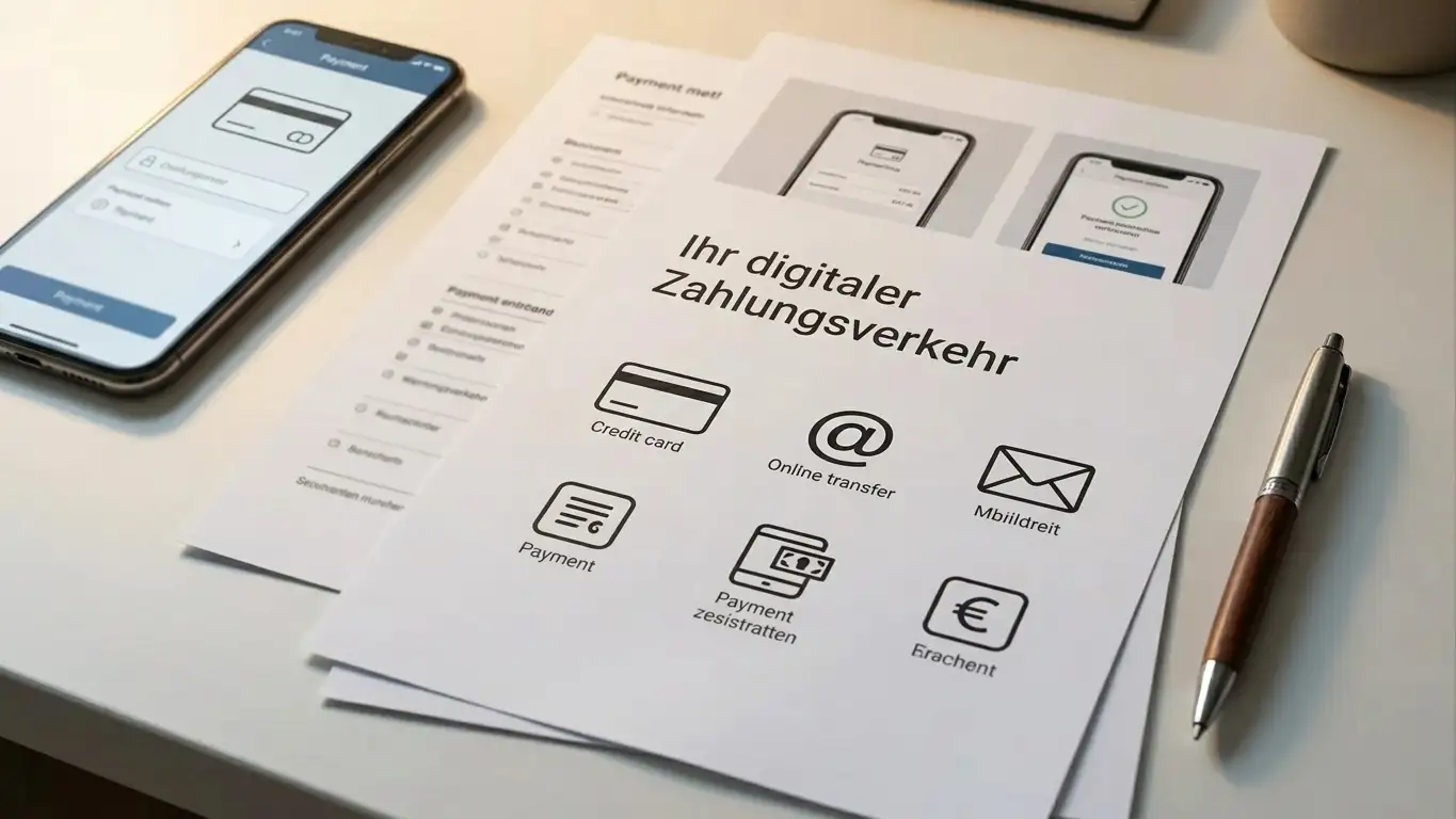 Smartphone zeigt verschiedene Zahlungsmethoden-Icons neben Dokumenten