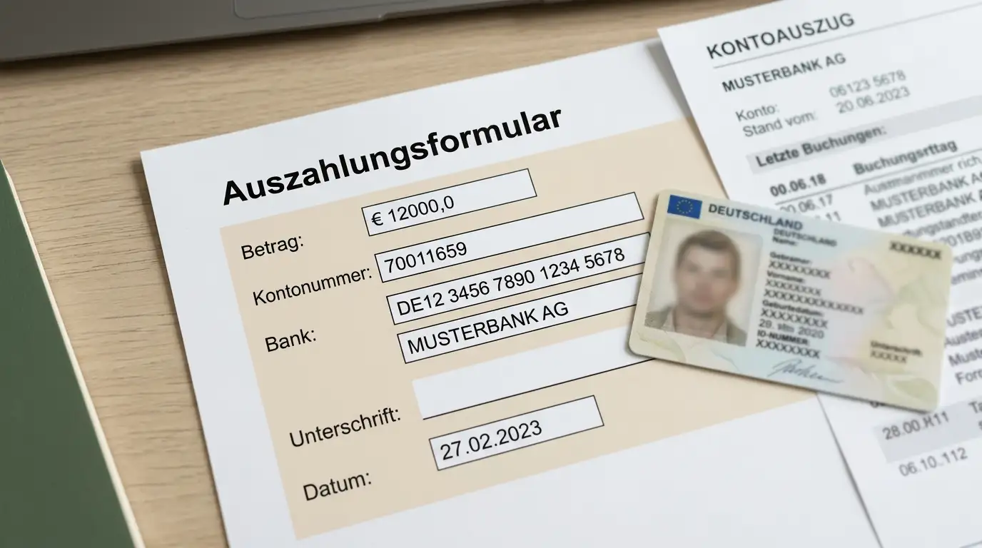 Schreibtisch mit Auszahlungsantrag, Ausweis und Kontoauszug für Verifizierung