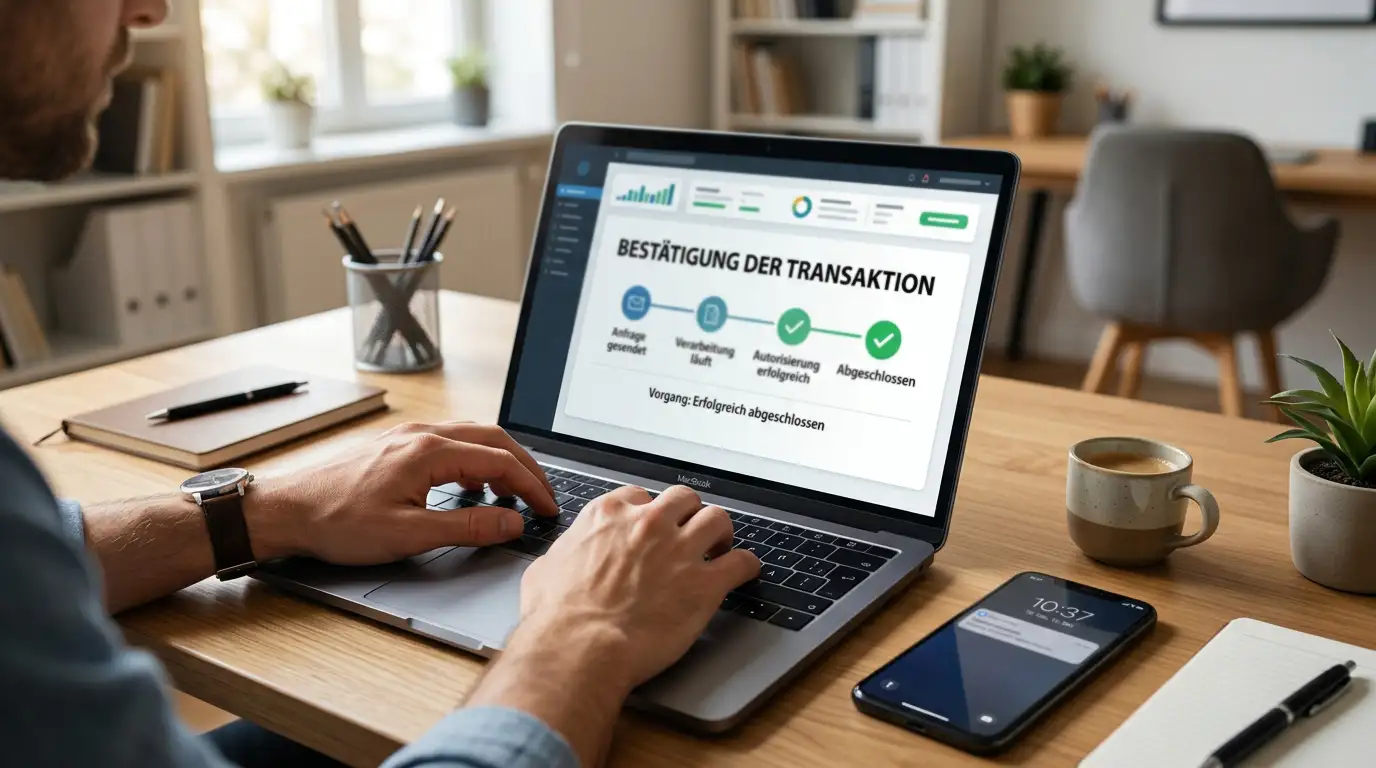 Person am Laptop mit Transaktionsbestätigung auf Bildschirm