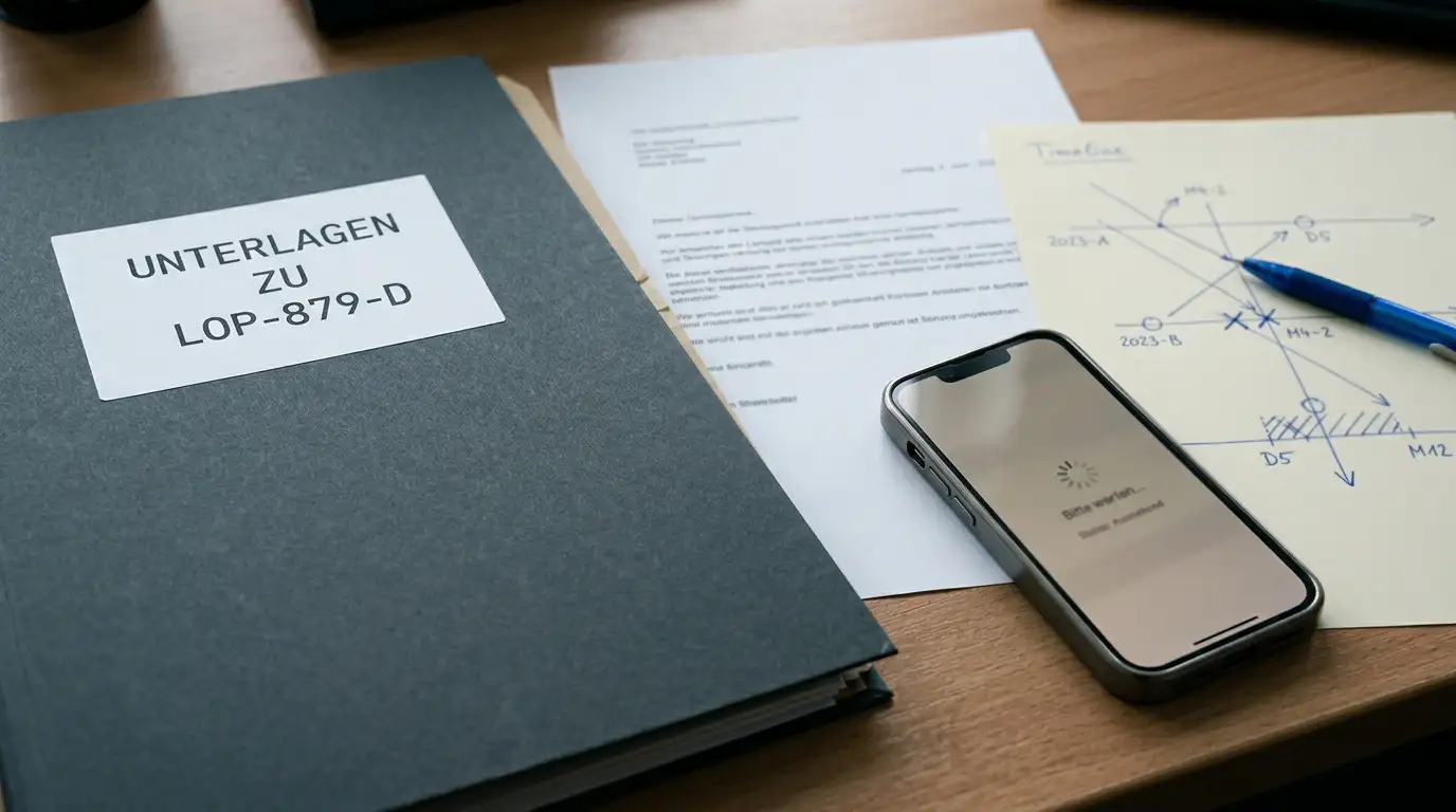 Ordner mit Zeitnotizen und neutralem Schriftverkehr zu einer ausstehenden Auszahlung