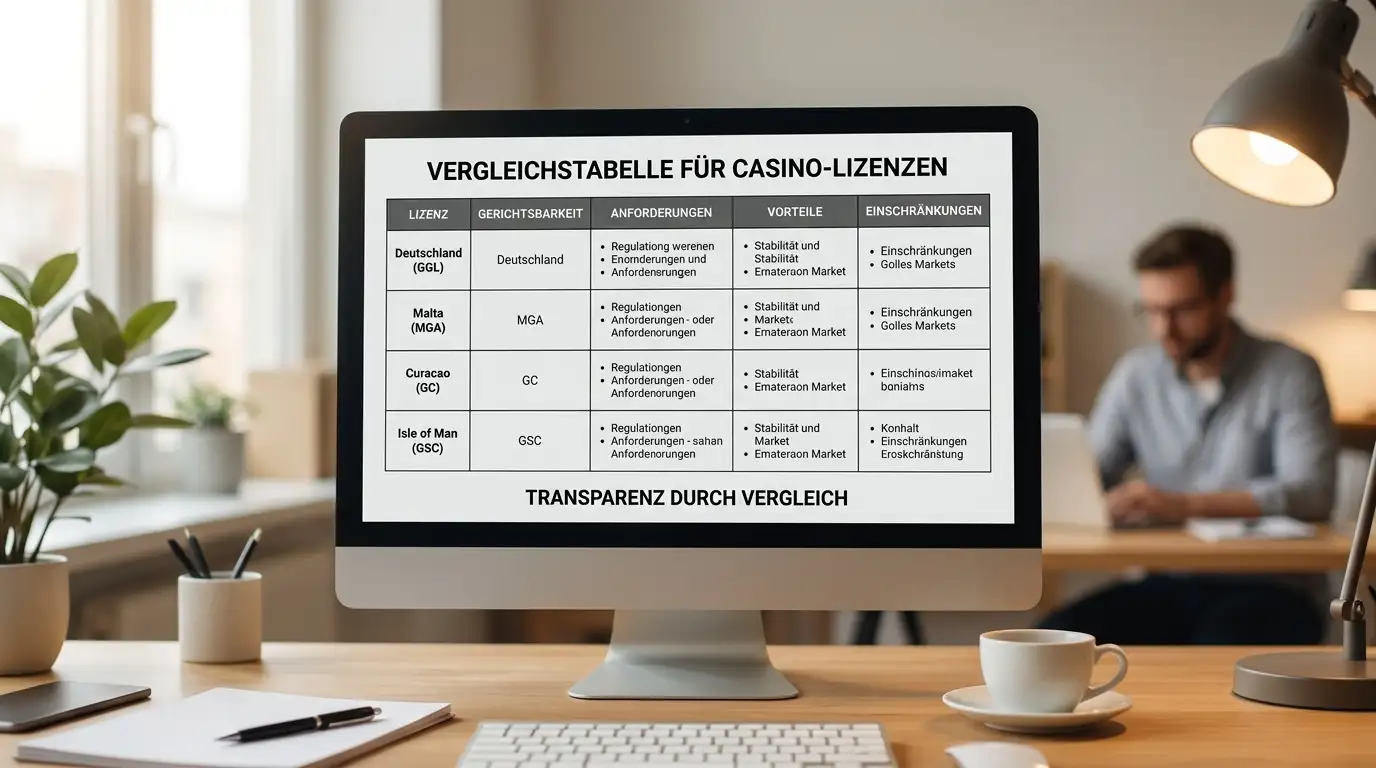 Vergleichstabelle ausländischer Casino-Lizenzen auf Desktop-Monitor