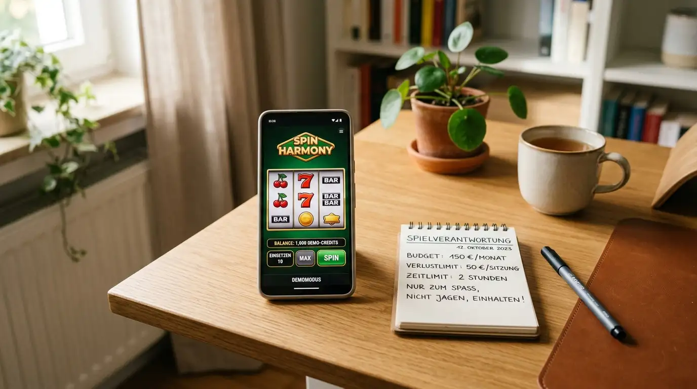 Schreibtisch mit Smartphone im Demo-Modus und Notizblock mit Limit-Planung