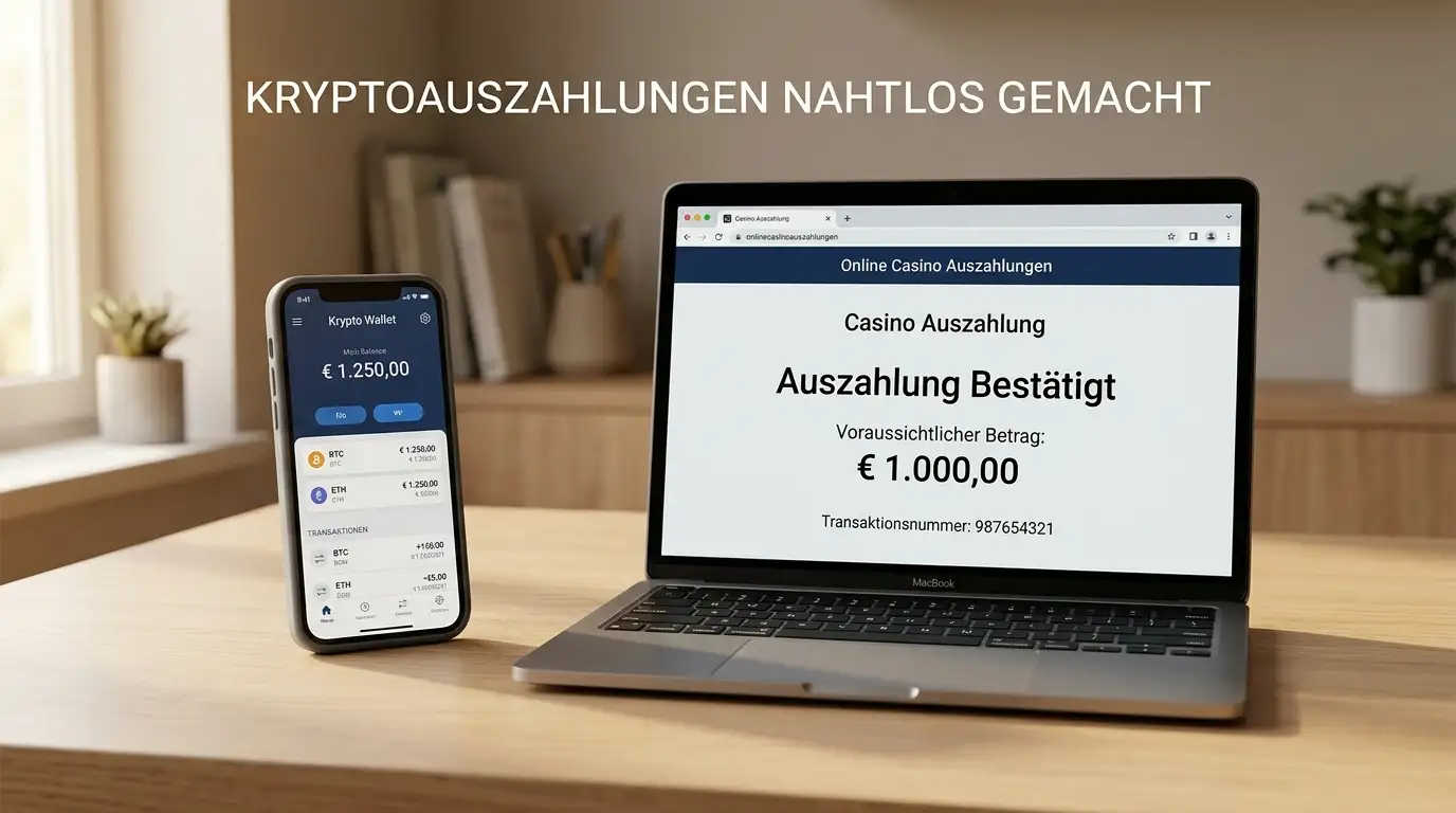 Smartphone mit Krypto-Wallet und Laptop mit Casino-Auszahlungsbildschirm