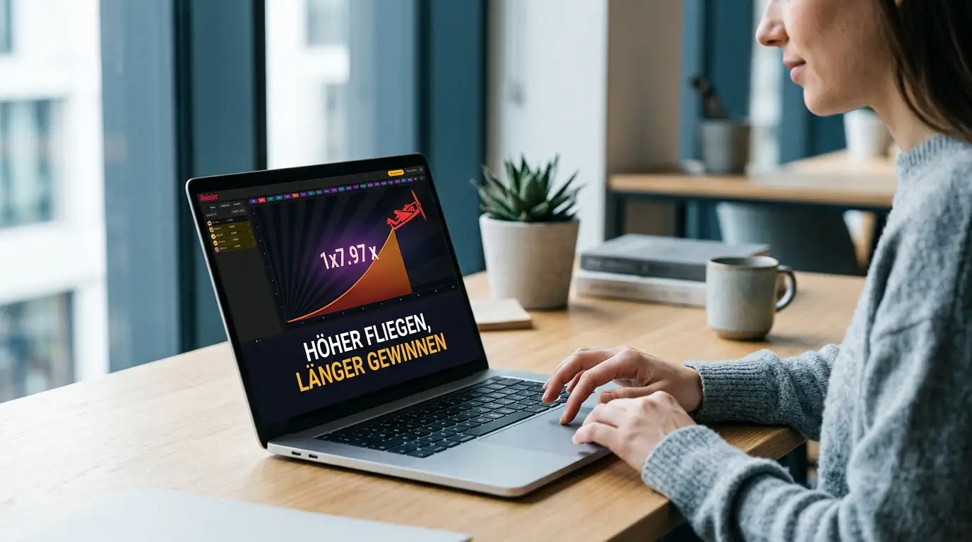 Aviator Crash-Game auf Laptop-Bildschirm mit steigendem Multiplikator