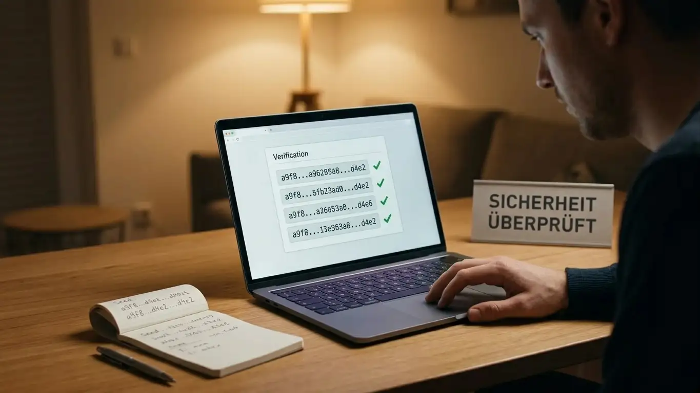Person prüft Provably-Fair-Hash auf Laptop neben Notizblock mit Seed-Werten