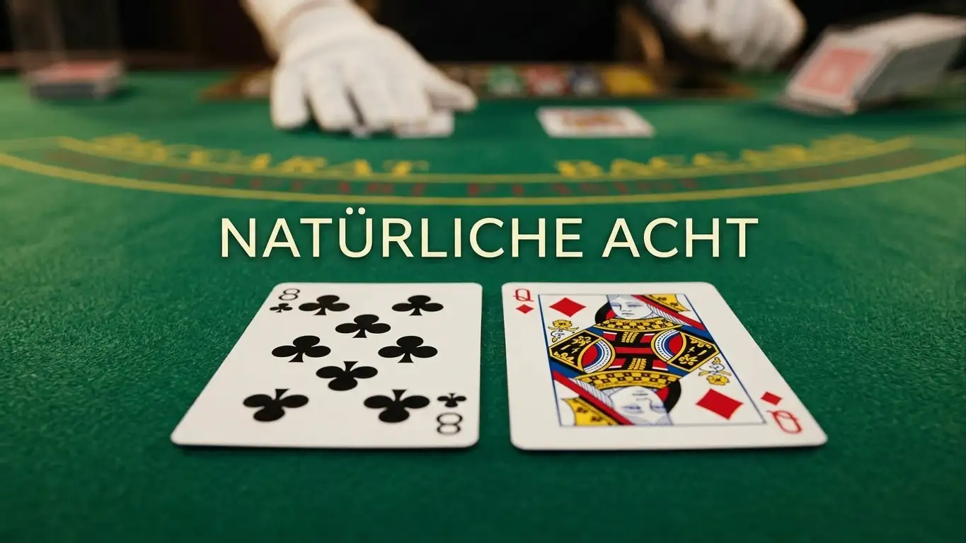 Baccarat-Karten auf grünem Filz zeigen Natural Eight, Dealer-Hand im Hintergrund unscharf