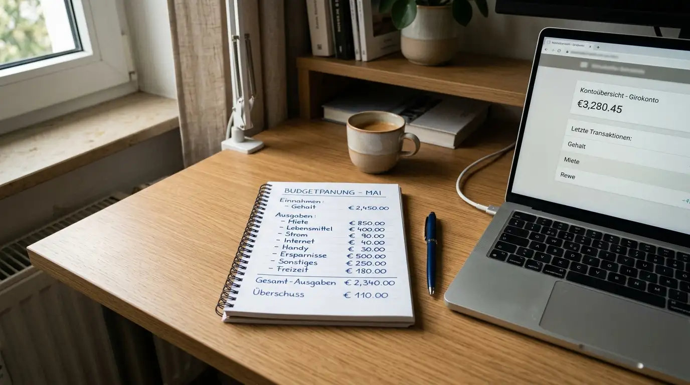 Taschenrechner neben handschriftlichem Notizblock mit Budget-Übersicht, Laptop zeigt neutrales Banking-Interface