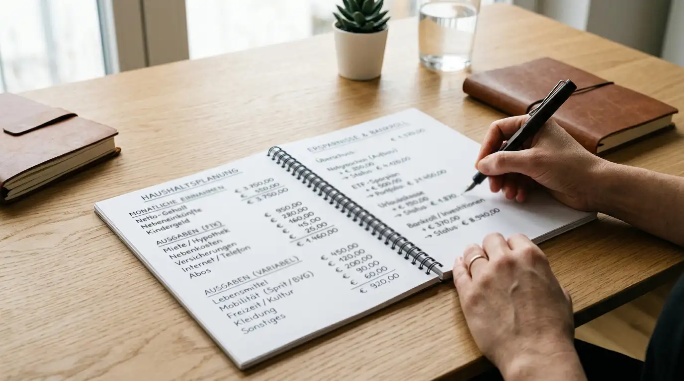 Notizblock mit Bankroll-Berechnung und Stift, realistische Finanzplanung