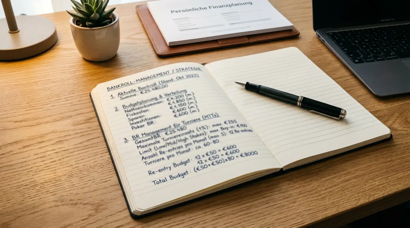 Notizbuch mit Bankroll-Management-Notizen und einem Stift auf einem Schreibtisch