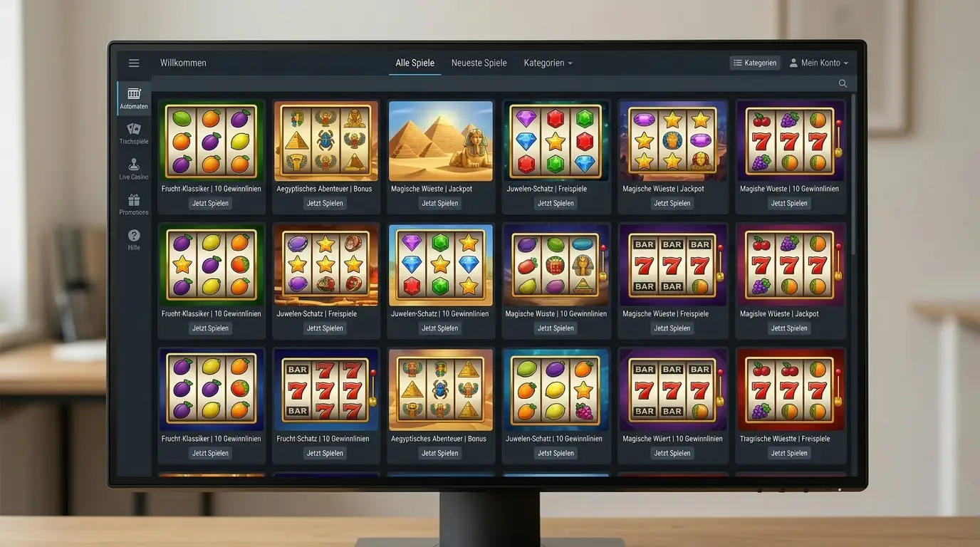 Bildschirm mit verschiedenen Spielautomaten wie Book of Dead und Starburst