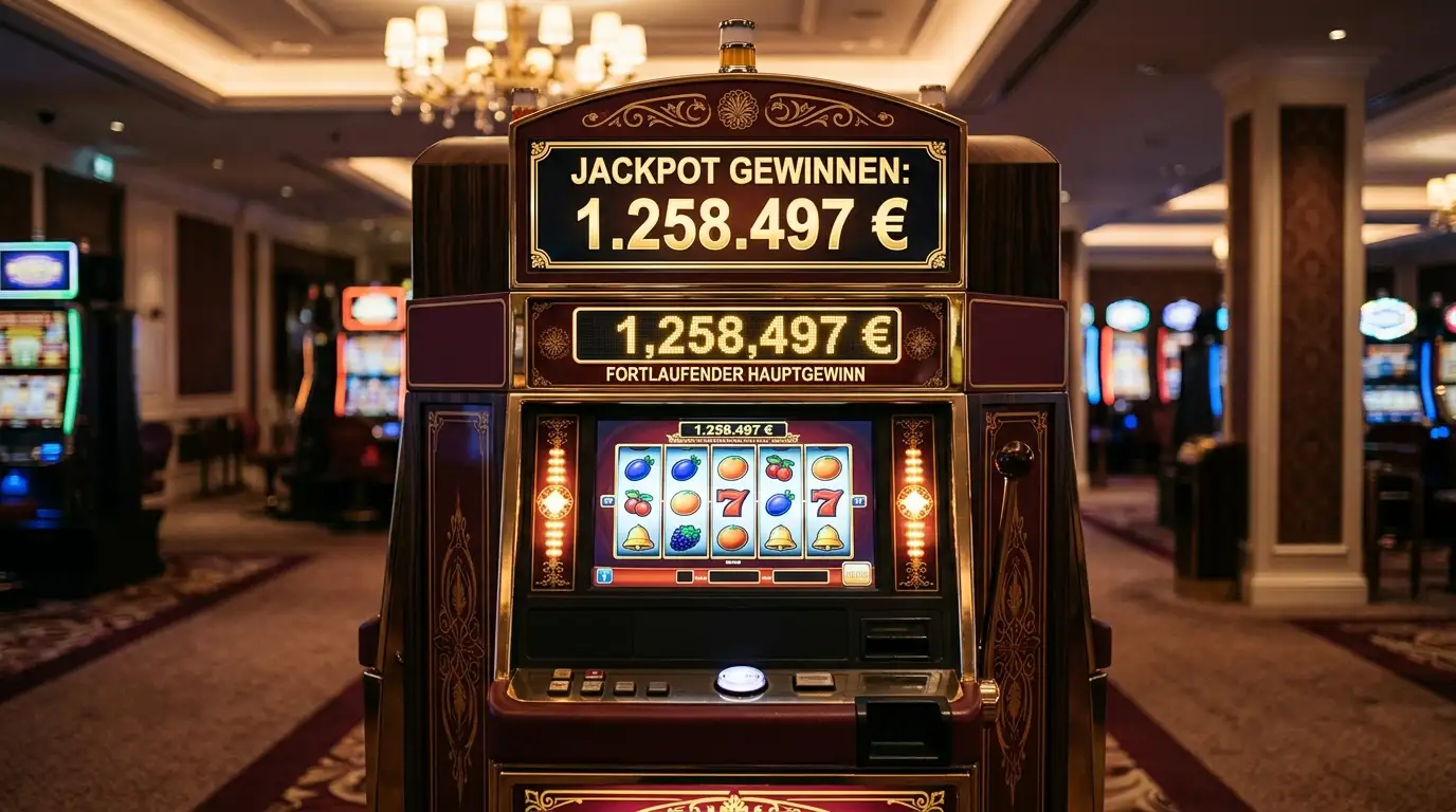 Luxuriöser Spielautomat mit progressivem Jackpot-Display und realistischer Casino-Atmosphäre