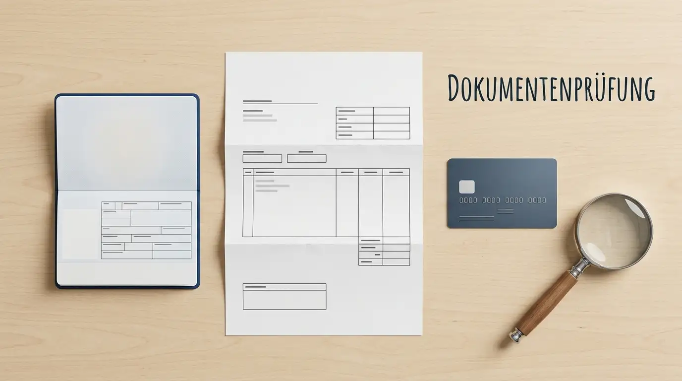 Ablauf einer KYC-Prüfung: Ausweis, Adressnachweis und Zahlungsbeleg werden abgeglichen
