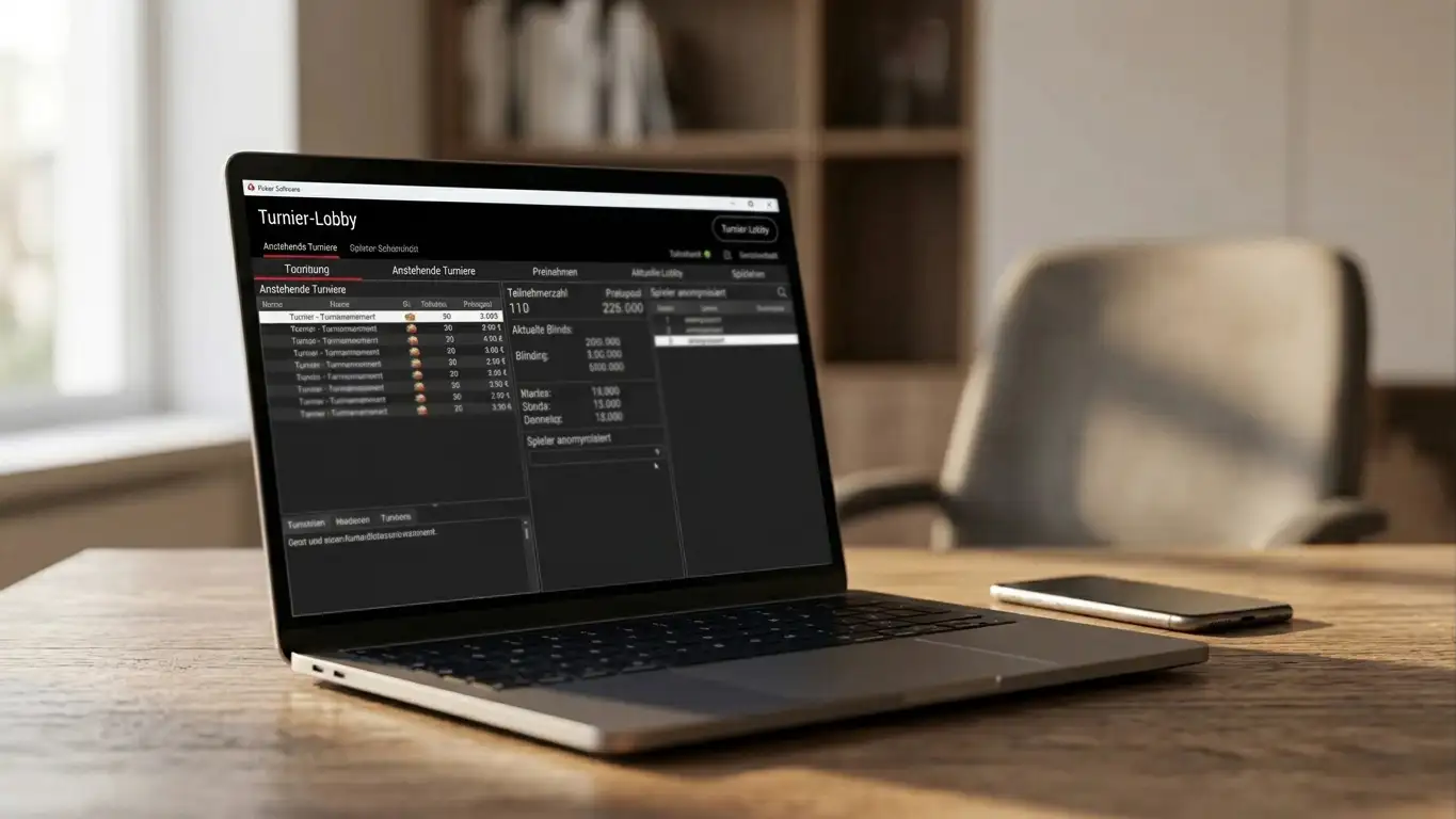 Modernes Setup mit Laptop zeigt Online-Poker-Software auf dem Bildschirm