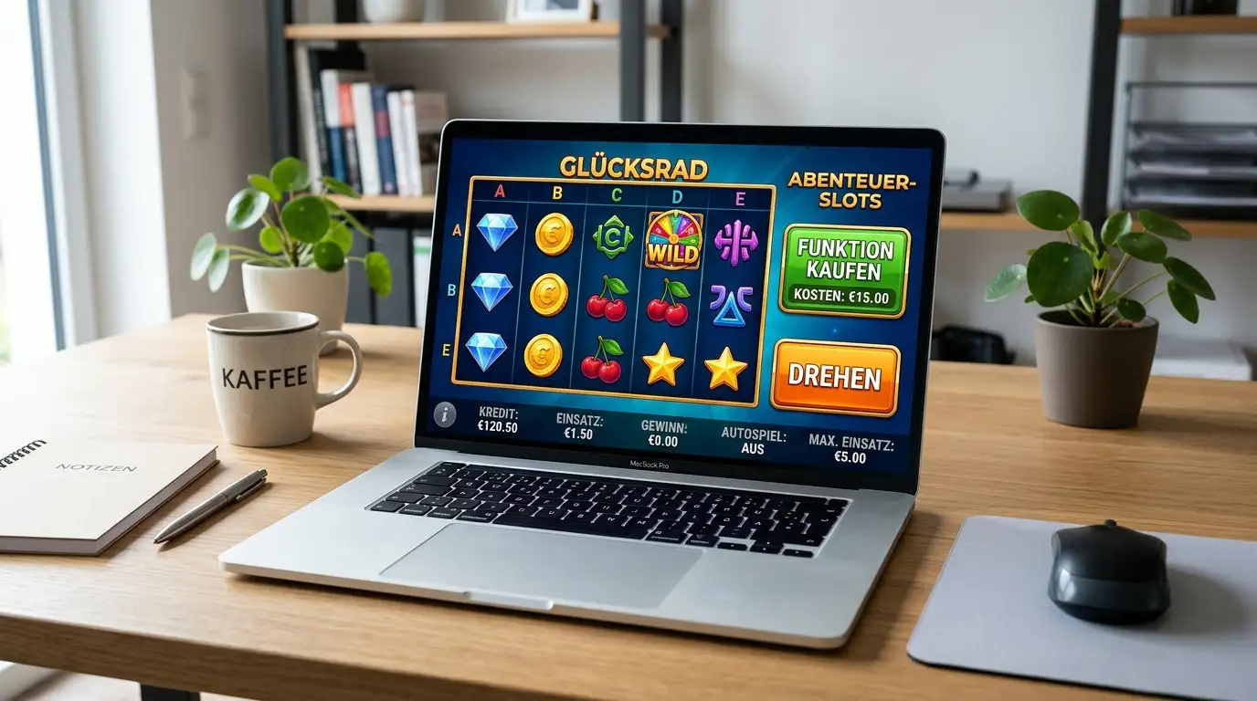 Moderner Schreibtisch mit Laptop und offener Slot-Spieloberfläche mit generischen Walzen und Bonuskauf-Button