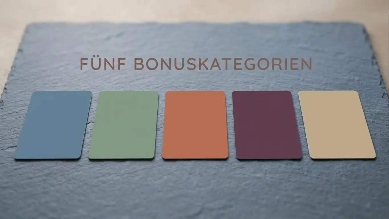 Fünf Bonusarten im Online Casino nebeneinander: Match, Freispiele, Paket, ohne Einzahlung und Cashback