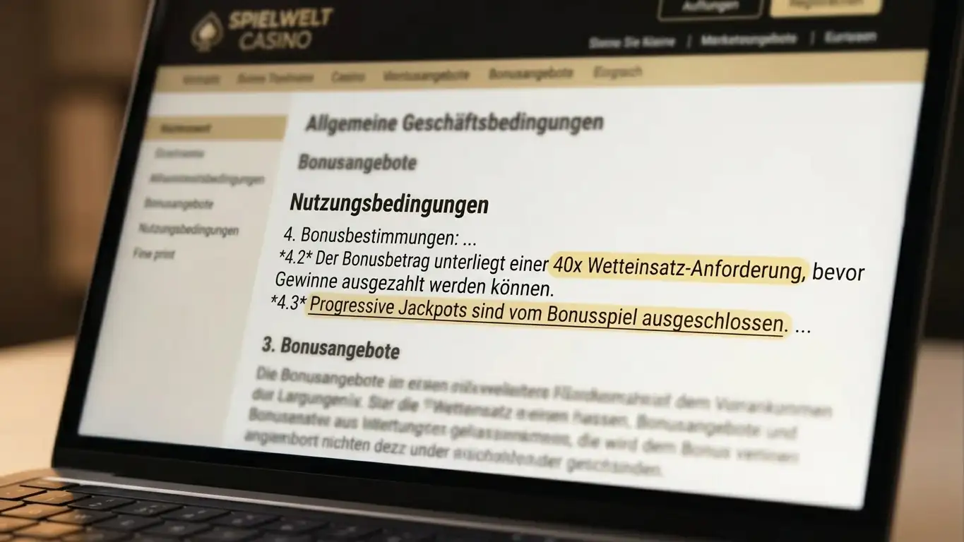 Casino-Bonus-Bedingungen-Bildschirm mit hervorgehobener 40x Umsatzanforderung und Jackpot-Ausschlussklausel