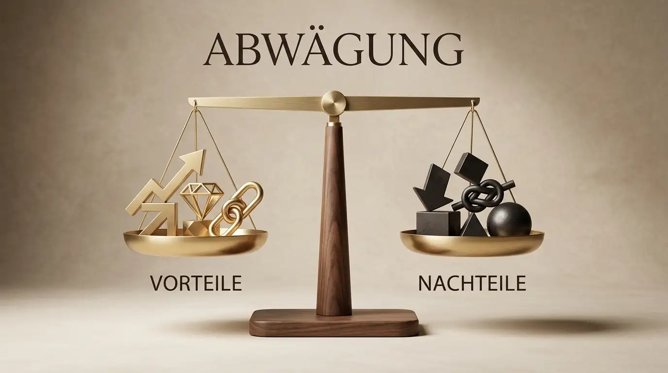 Waage im Gleichgewicht mit abstrakten Vor- und Nachteil-Symbolen