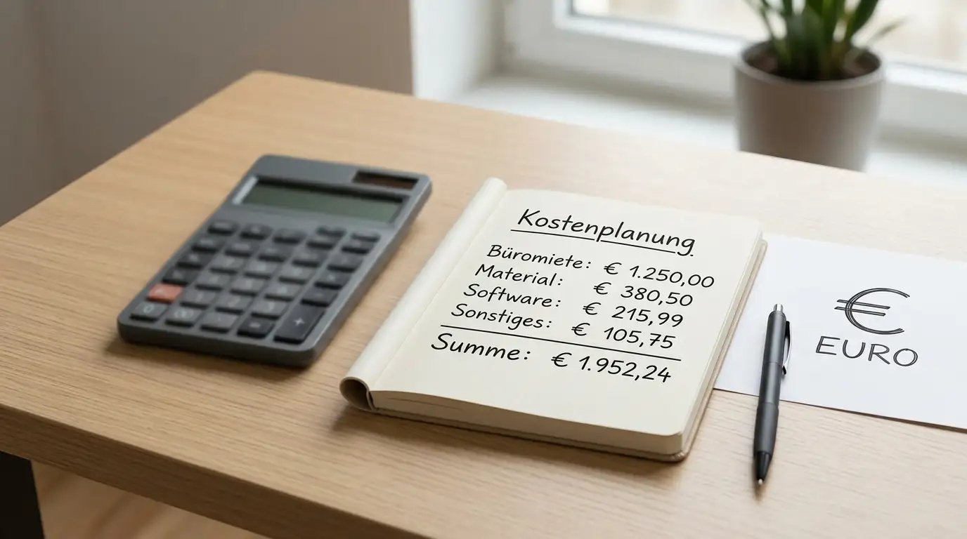 Schreibtisch mit Taschenrechner, Notizen und Euro-Symbol, clean und minimalistisch