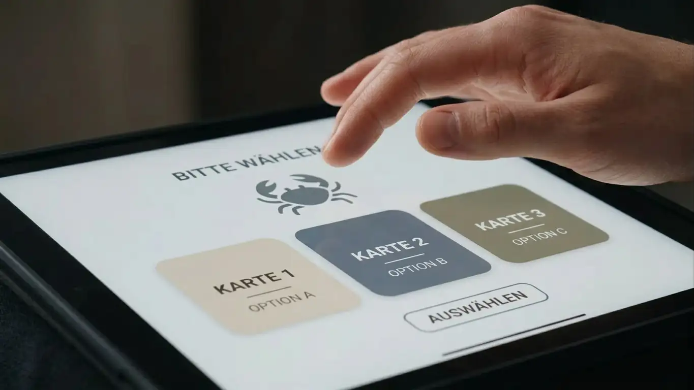 Hand über Tablet mit Krabbe und drei Muscheln als Symbol für Pick-Auswahl