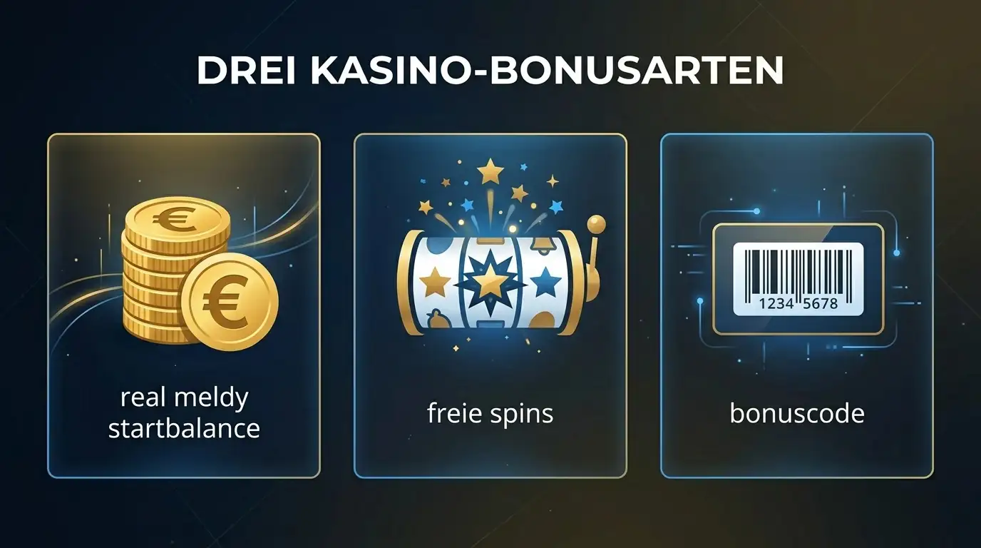 Drei Typen von Casino-Boni: Echtgeld-Guthaben, Freispiele und Bonuscode-Angebote