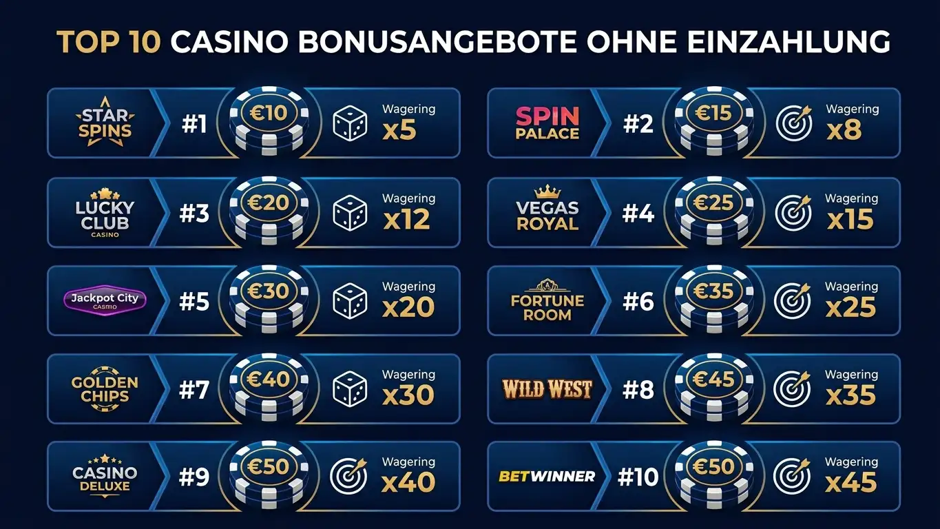 Vergleichstabelle: Zehn No-Deposit-Casinos nach Bonushöhe, Umsatz und Lizenz für Deutschland