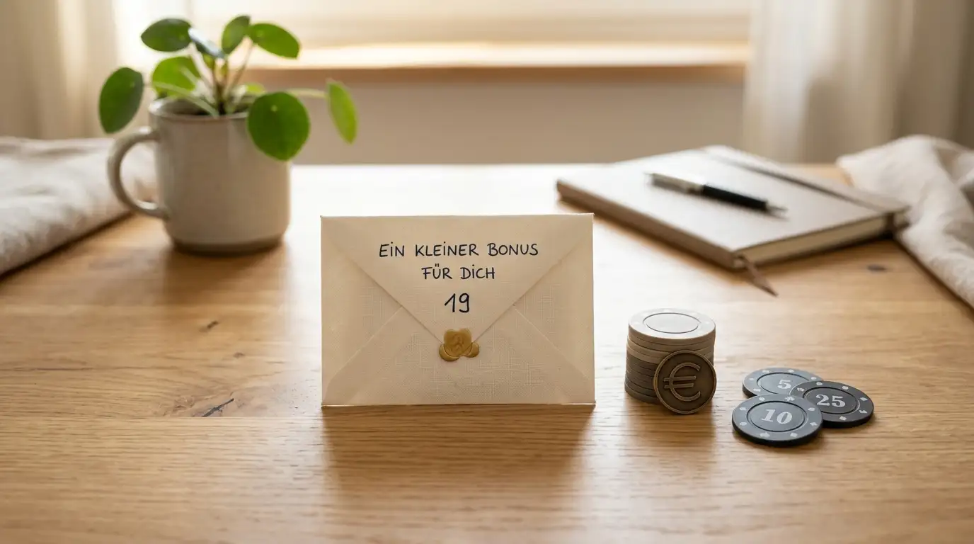 Bonusumschlag mit Freispiel-Chips neben kleinem Euro-Symbol auf Schreibtisch