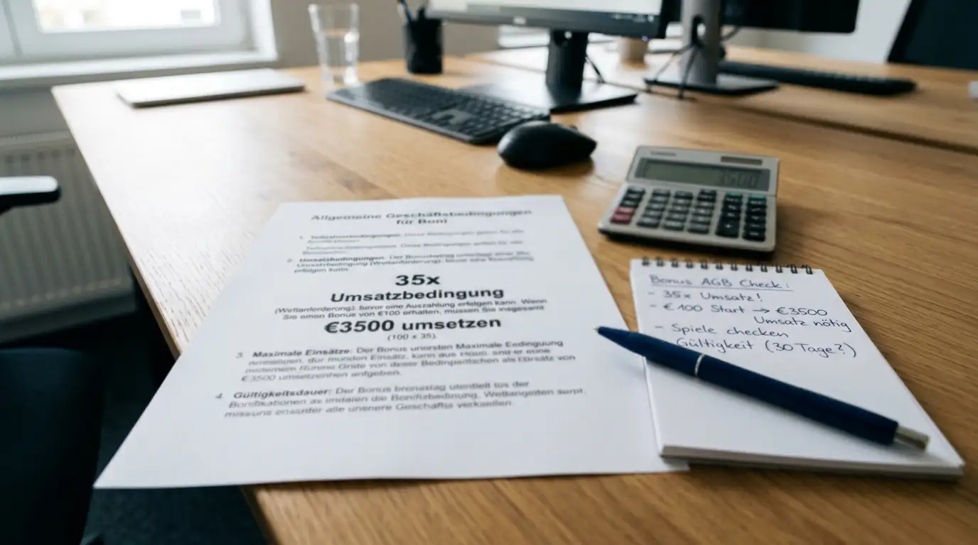 Bonusangebot-Dokument mit Umsatzbedingungen auf Tisch