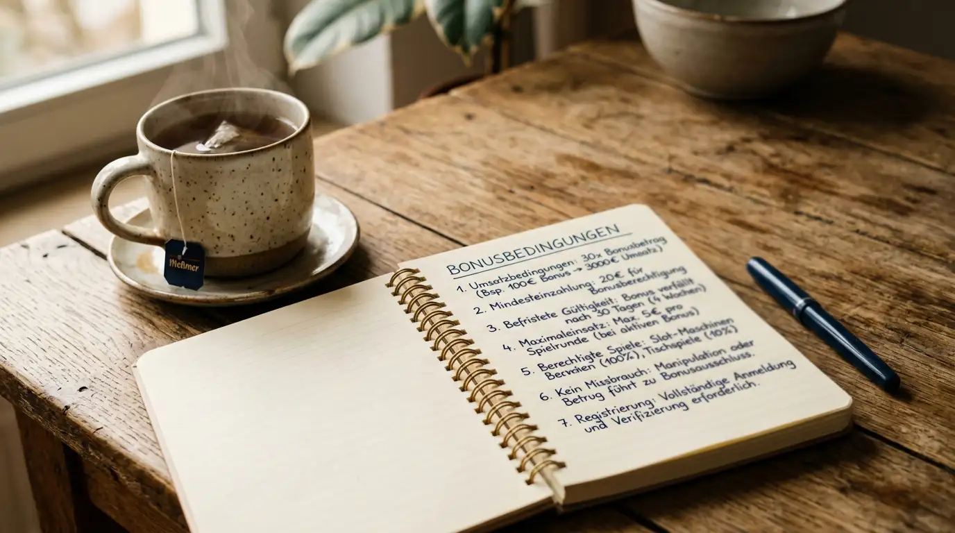 Notizbuch mit aufgelisteten Bonusbedingungen neben einer Tasse Tee