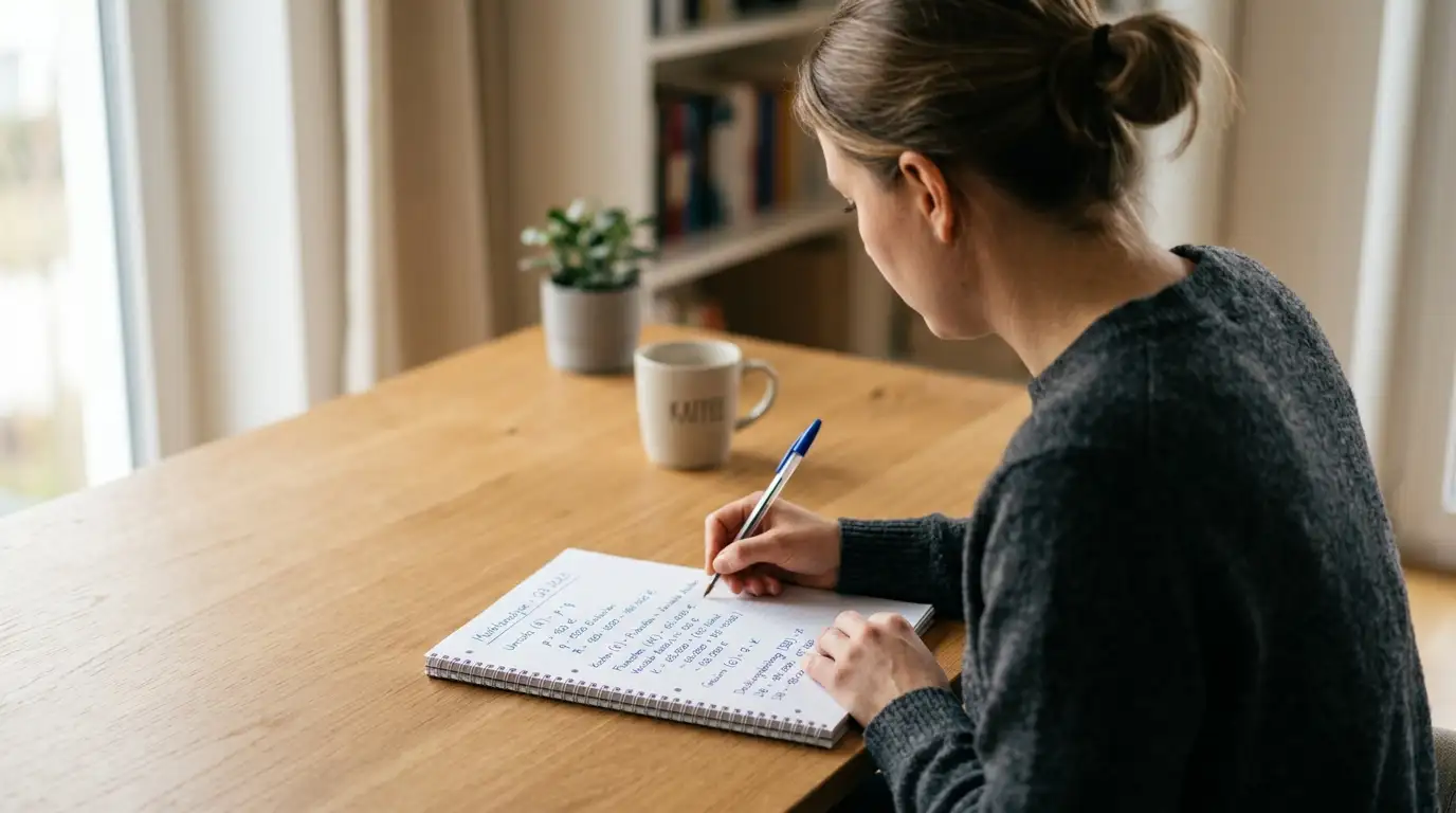 Person mit Stift und Notizheft rechnet auf einem ruhigen Schreibtisch, kein Taschenrechner, kein Computer-Bildschirm im Fokus, weiches Seitenlicht, sachliche Atmosphäre