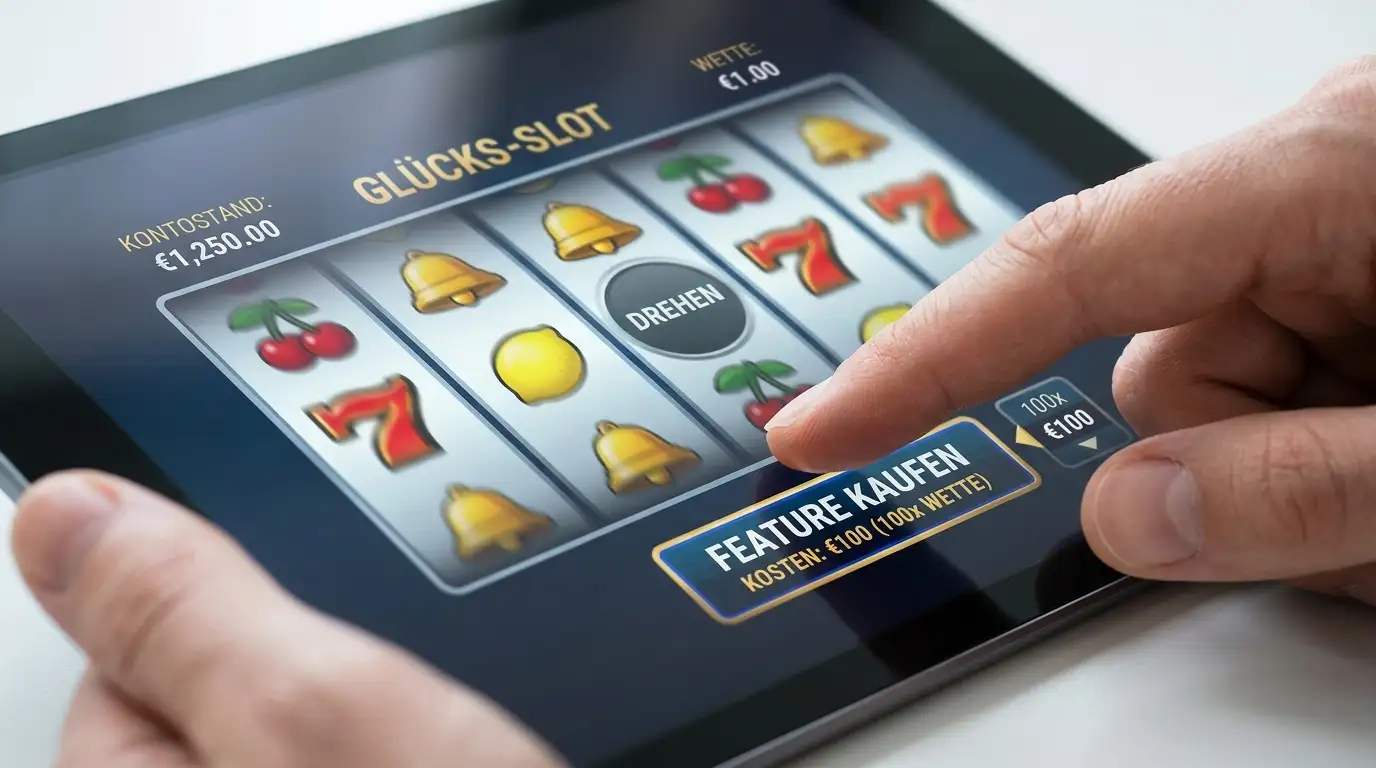 Hand tippt auf Bonuskauf-Button an einem Tablet mit sichtbaren Kosten 100x und Slot-Walzen im Hintergrund