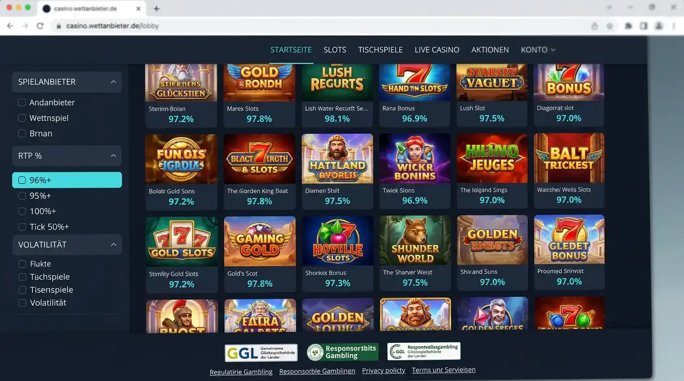 Desktop-Screenshot eines GGL-lizenzierten Casino-Lobbys mit Slot-Auswahl