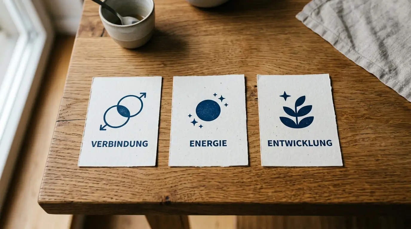 Drei Karten mit unterschiedlichen Symbolen auf Holzoberfläche
