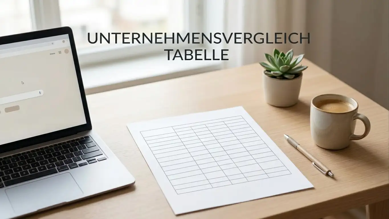 Aufgeräumter Schreibtisch mit einem Vergleichsdokument und offenem Laptop mit neutraler Oberfläche