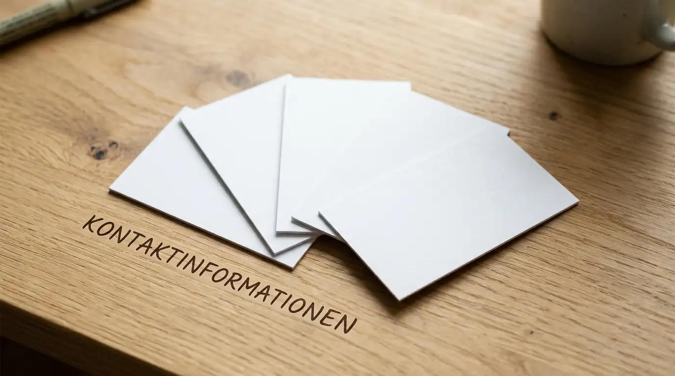 Fünf neutrale Visitenkarten auf einem hellen Holztisch angeordnet, keine Logos, ruhige Draufsicht, warmes Bürolicht, sachliche Komposition