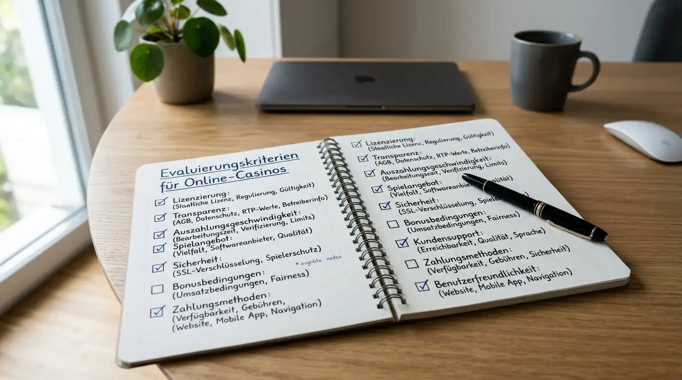 Checkliste auf Notizbuch mit Kriterien: Lizenz, Transparenz, Auszahlungsgeschwindigkeit