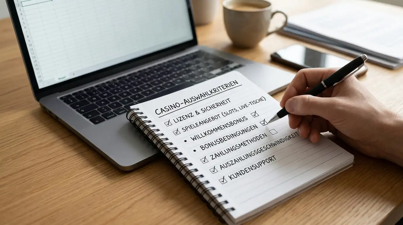 Checkliste mit Auswahlkriterien auf Notizblock neben Laptop