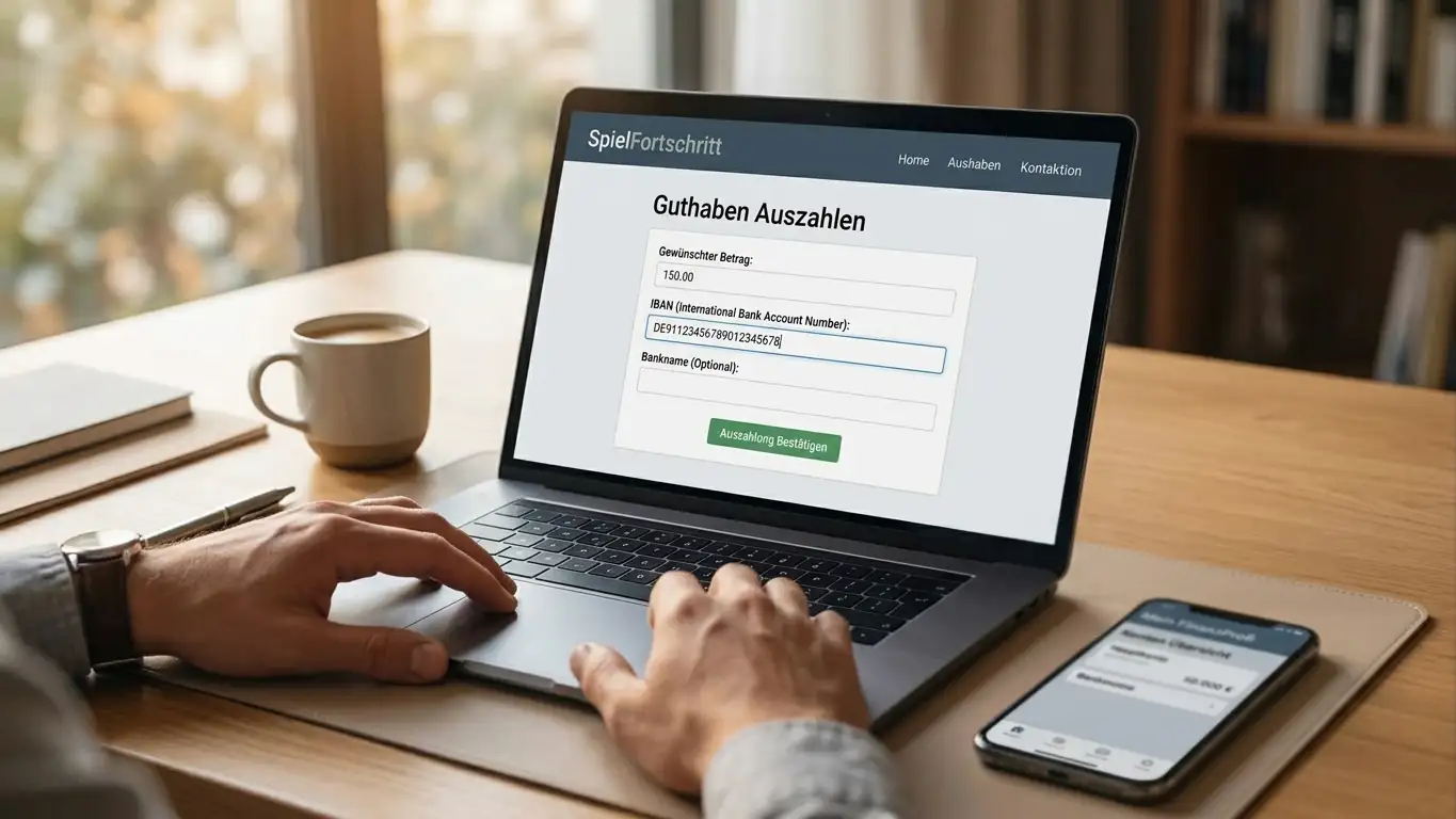 Person am Schreibtisch mit Laptop und Smartphone, Casino-Auszahlungsformular auf dem Bildschirm