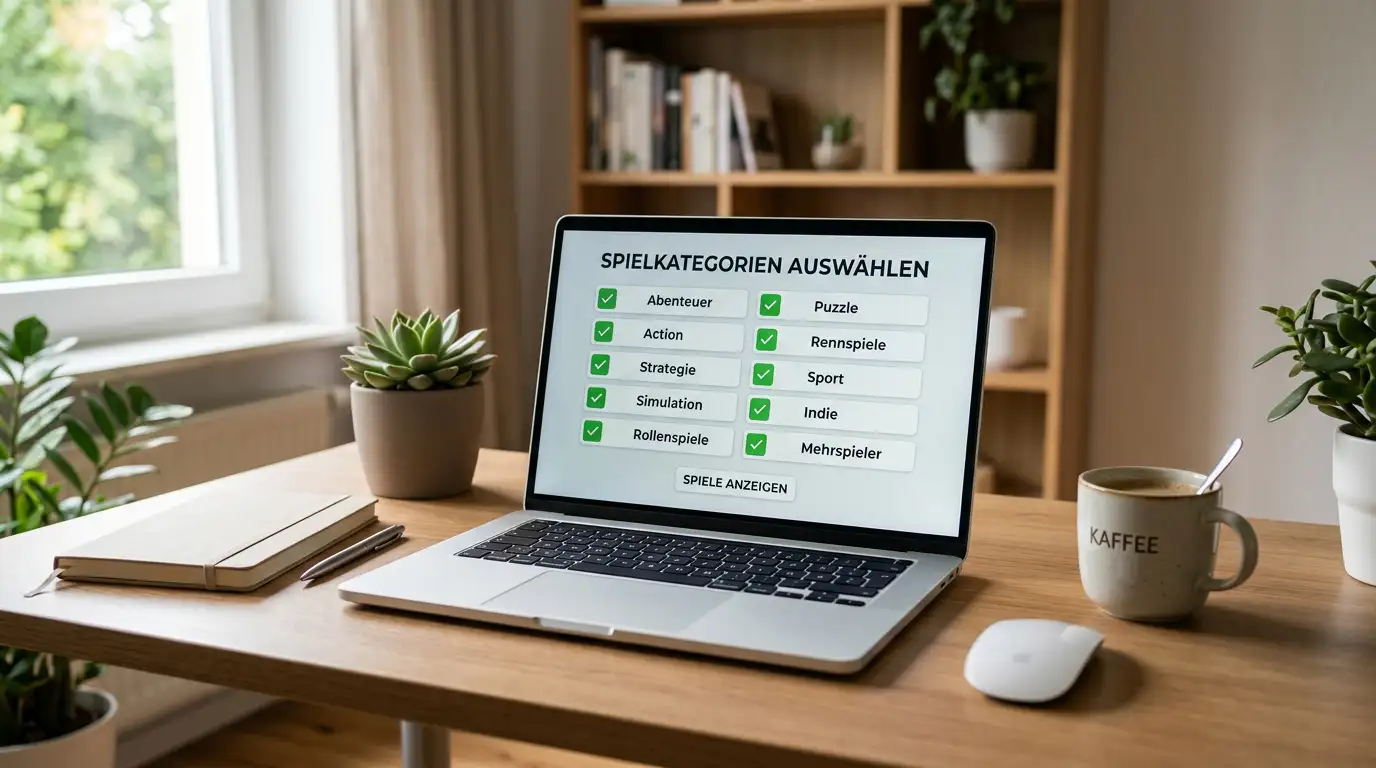 Aufgeräumter Laptop-Bildschirm zeigt Casino-Bonusbedingungen und erlaubte Spielkategorien