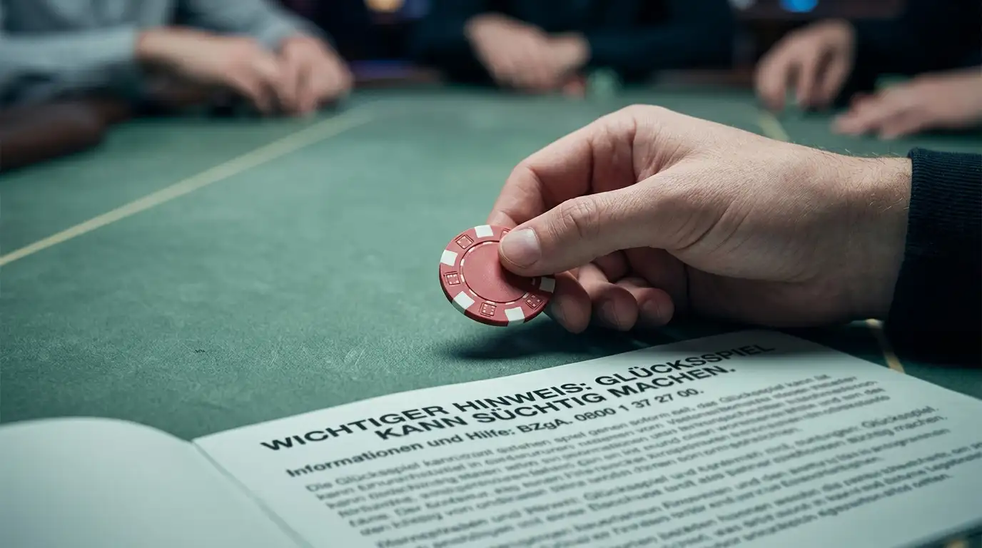 Hand hält einen neutralen Pokerchip über grüner Spielfläche neben einem gedruckten Warnhinweis