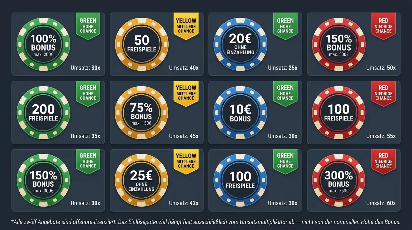 Übersicht von 12 Casino-Bonus-Angeboten ohne Einzahlung mit Einlösepotenzial-Bewertung