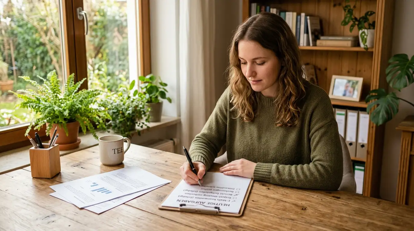 Person mit Stift und Checkliste überprüft Anbieter-Dokumente am Schreibtisch